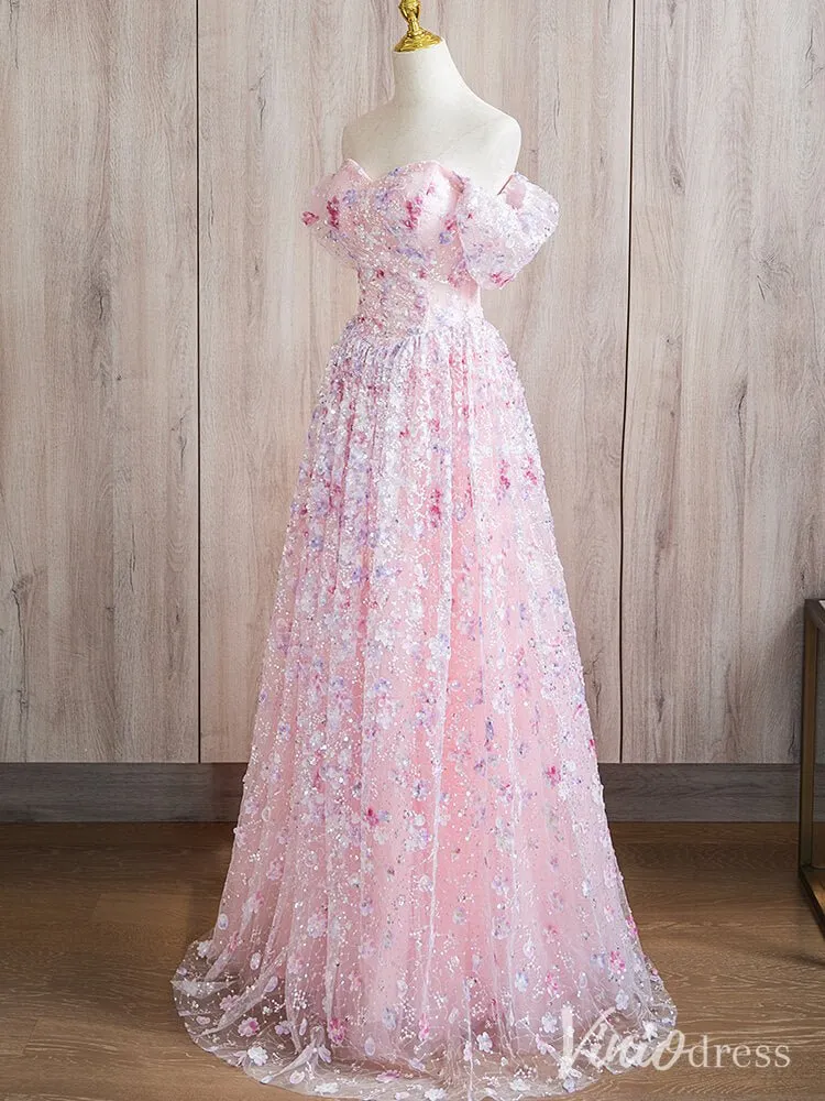 Pink Off the Shoulder Sweetheart Floral Prom Dresses Beaded Lace Sparkly Evening Dress AD1371