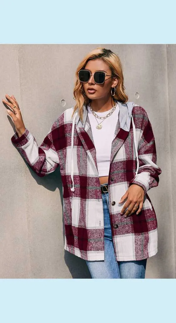 Plaid Dropped Shoulder Hooded Jacket