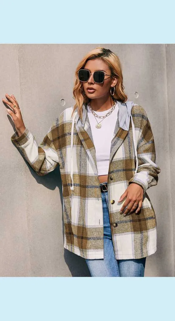 Plaid Dropped Shoulder Hooded Jacket