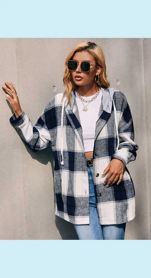 Plaid Dropped Shoulder Hooded Jacket