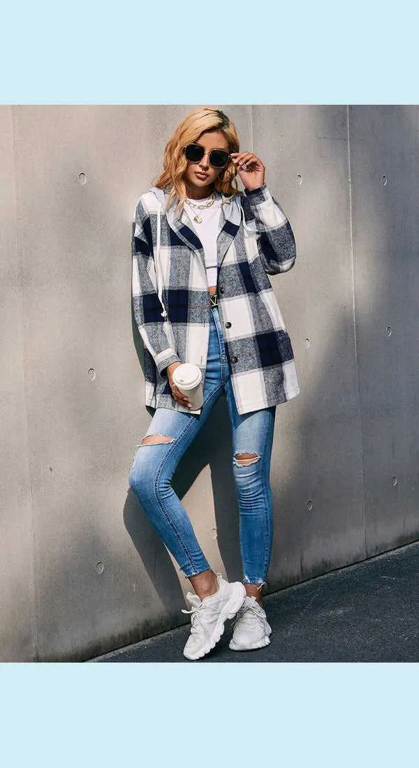 Plaid Dropped Shoulder Hooded Jacket