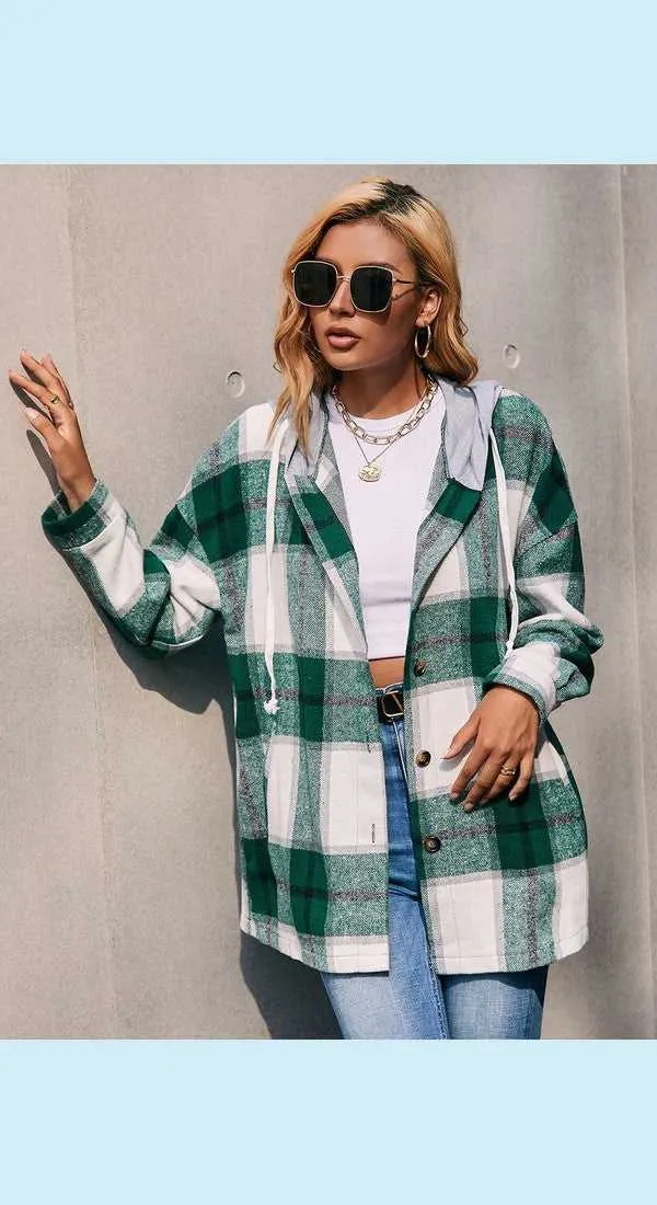 Plaid Dropped Shoulder Hooded Jacket