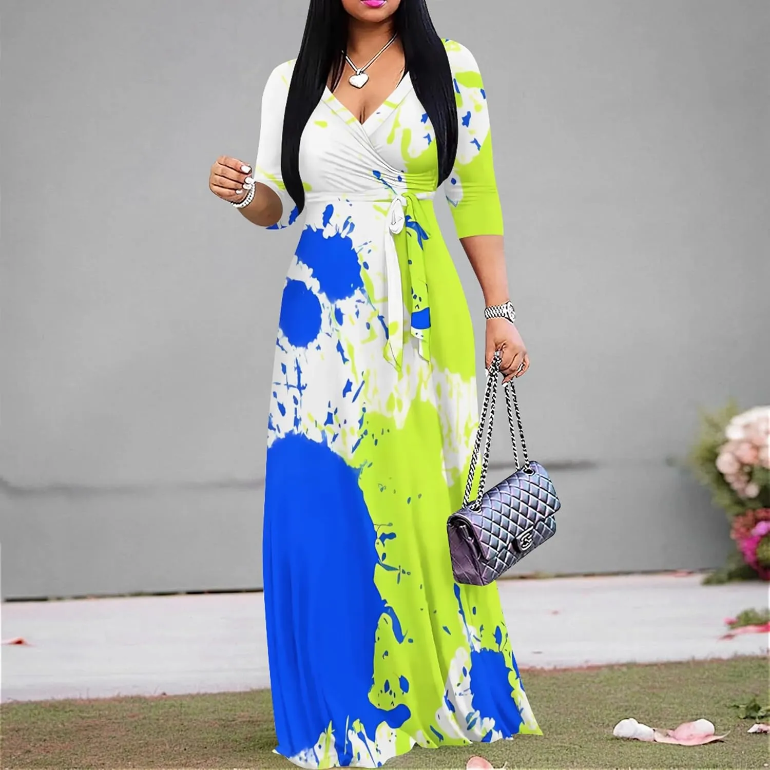 Plus Size Dresses for Curvy Women Casual Maxi Dress Flowy 3/4 Sleeve with Belt