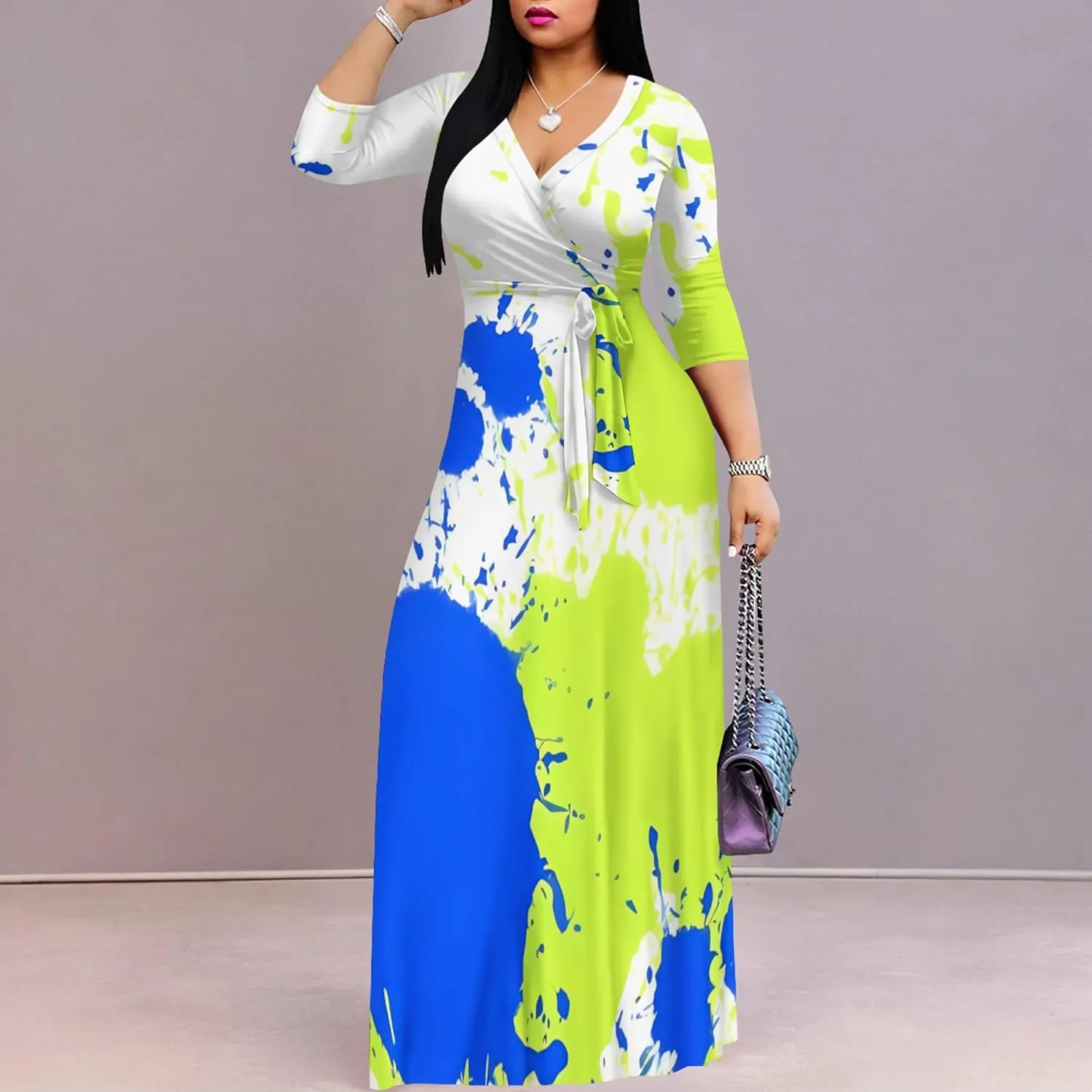 Plus Size Dresses for Curvy Women Casual Maxi Dress Flowy 3/4 Sleeve with Belt