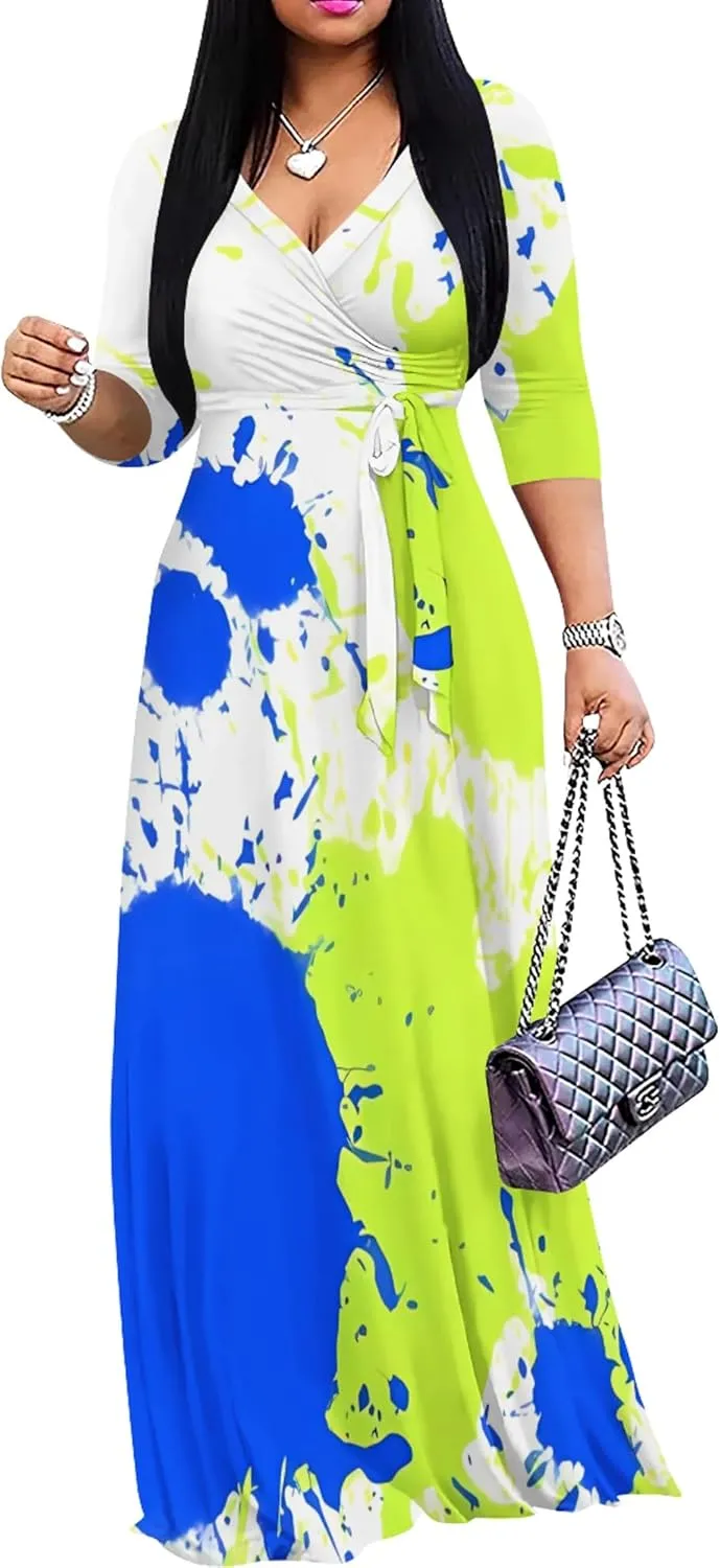 Plus Size Dresses for Curvy Women Casual Maxi Dress Flowy 3/4 Sleeve with Belt