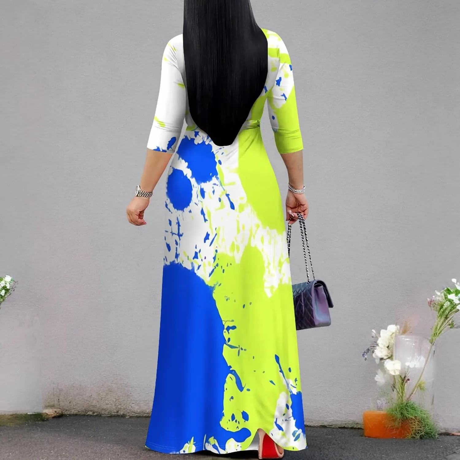 Plus Size Dresses for Curvy Women Casual Maxi Dress Flowy 3/4 Sleeve with Belt