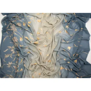 Printed Chiffon Design-10 Gold Vines on Blue Silver Shaded