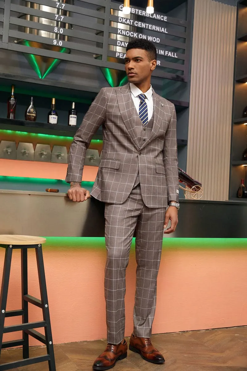"Mens Stacy Adams Suit -Stacy Adams Men's Modern Fit Suit - One Button Vested in Light Brown Windowpane Plaid"
