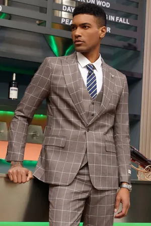 "Mens Stacy Adams Suit -Stacy Adams Men's Modern Fit Suit - One Button Vested in Light Brown Windowpane Plaid"