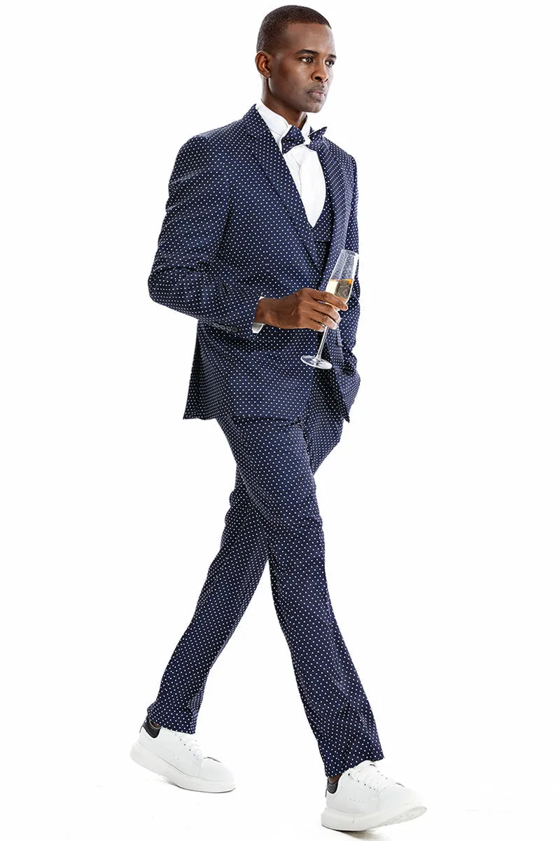 "Polka Dot Prom 2025 Suit for Men - One Button Vested in Navy & White"