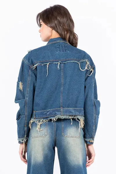 Remi Bazi Distressed Frayed Denim Jacket - Medium Wash