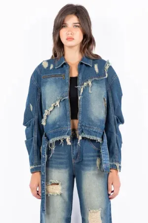Remi Bazi Distressed Frayed Denim Jacket - Medium Wash