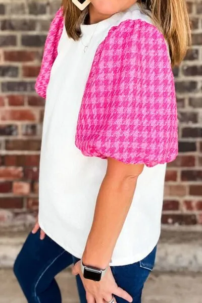 Round Neck Contrast Tweed Puff Sleeve Top