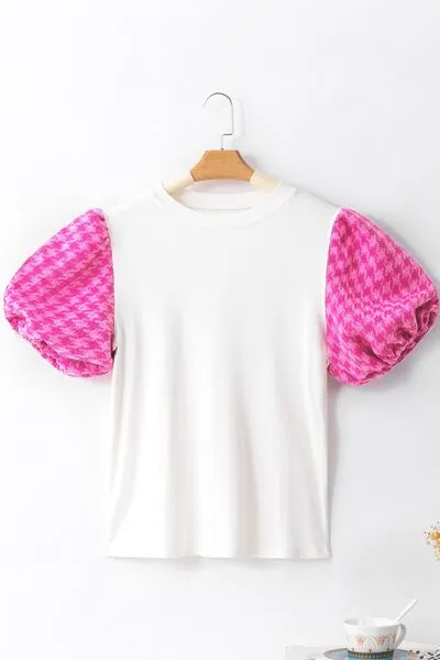 Round Neck Contrast Tweed Puff Sleeve Top