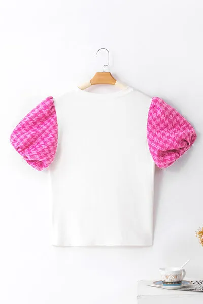 Round Neck Contrast Tweed Puff Sleeve Top