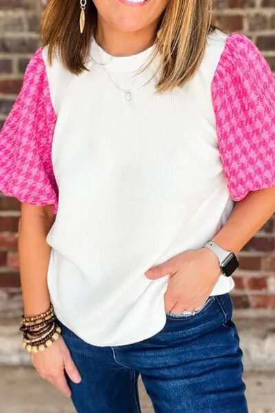 Round Neck Contrast Tweed Puff Sleeve Top