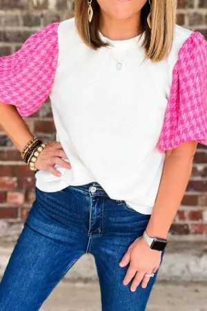 Round Neck Contrast Tweed Puff Sleeve Top