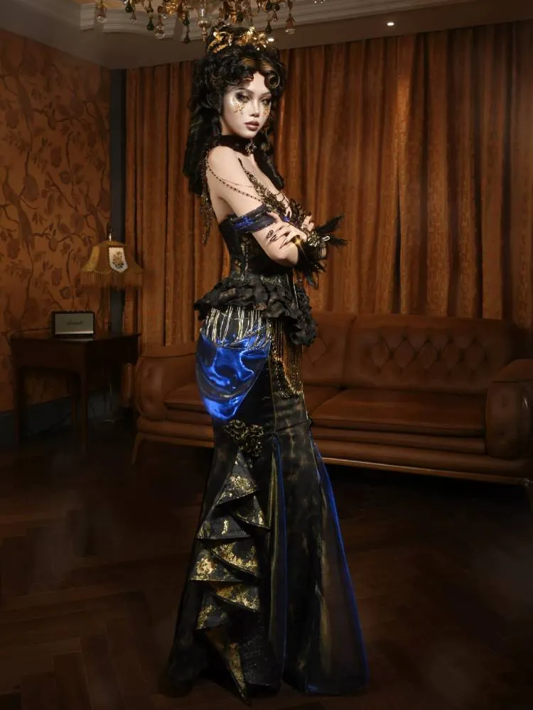 Royal Bustle Maxi Skirt - Victorian Blue Velvet Gothic Train