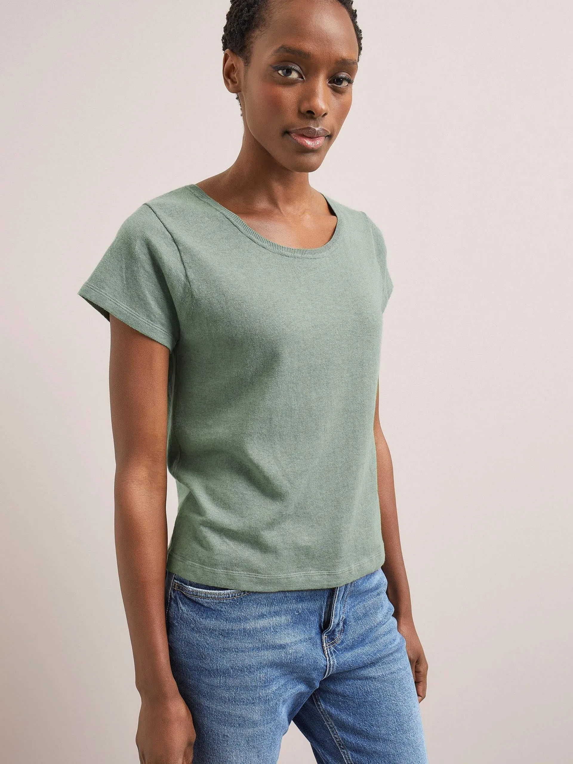 Sage green Madison linen blend round neck knit t-shirt