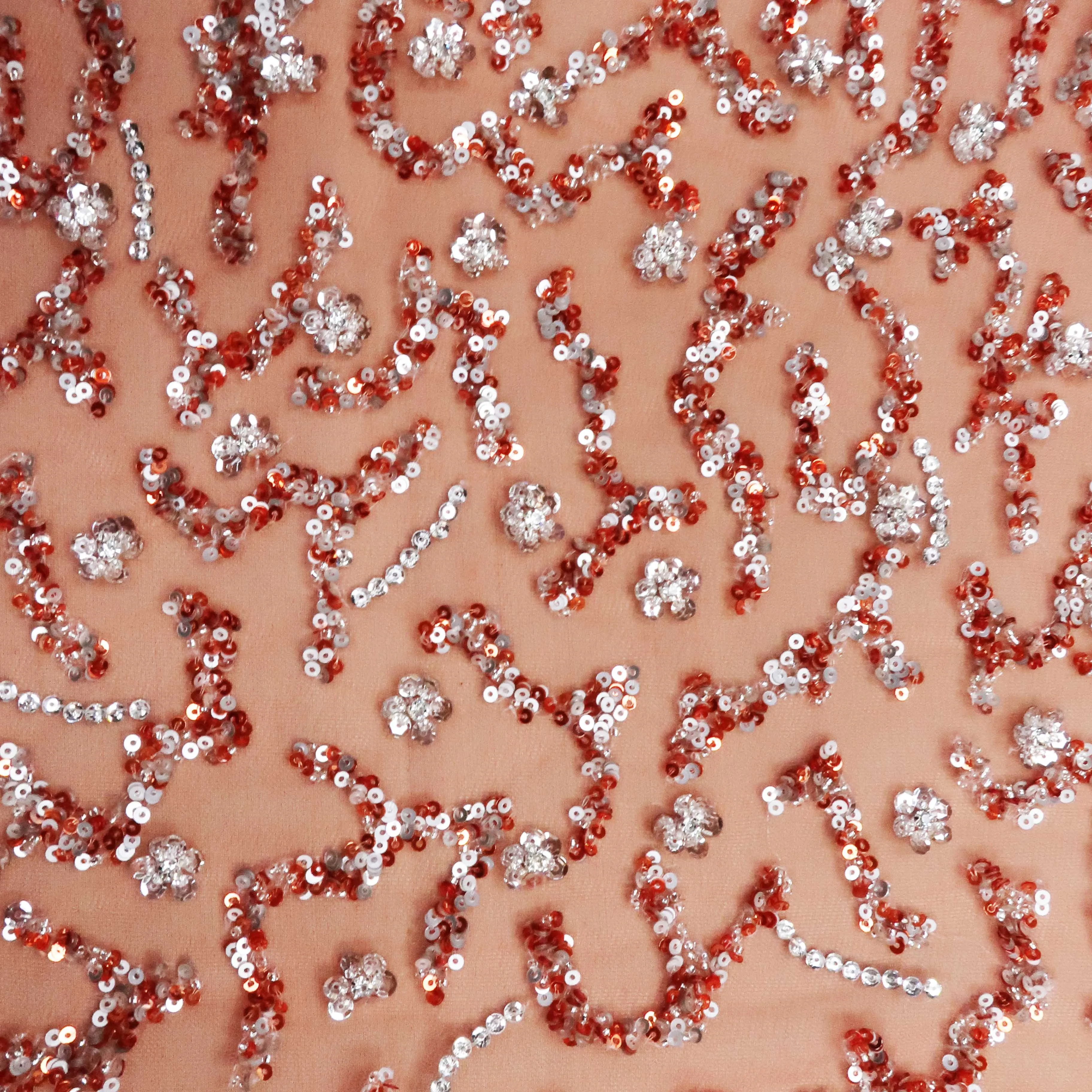 Scarlet Coral Floral Heavy Embroidered Exclusive Tulle Fabric