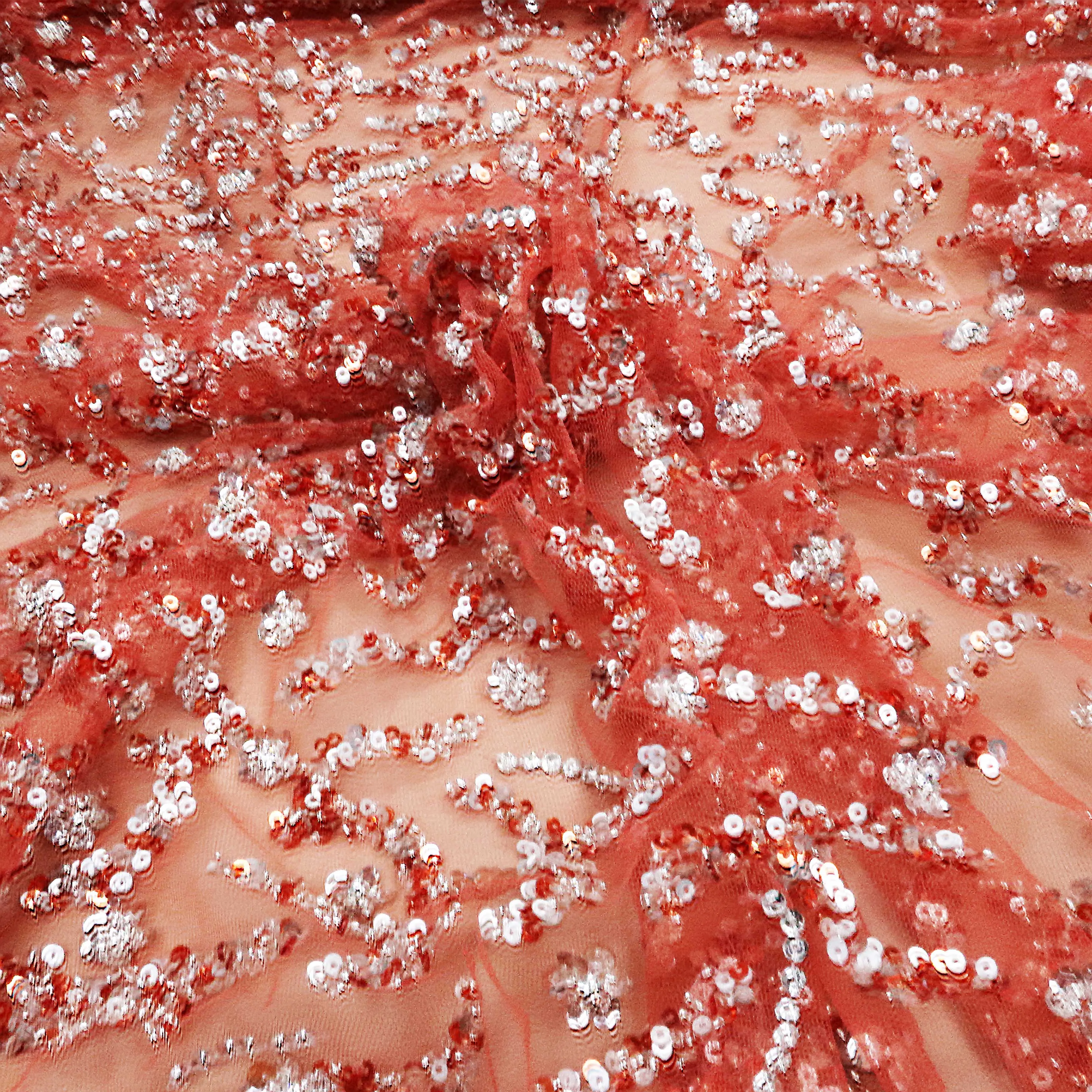 Scarlet Coral Floral Heavy Embroidered Exclusive Tulle Fabric