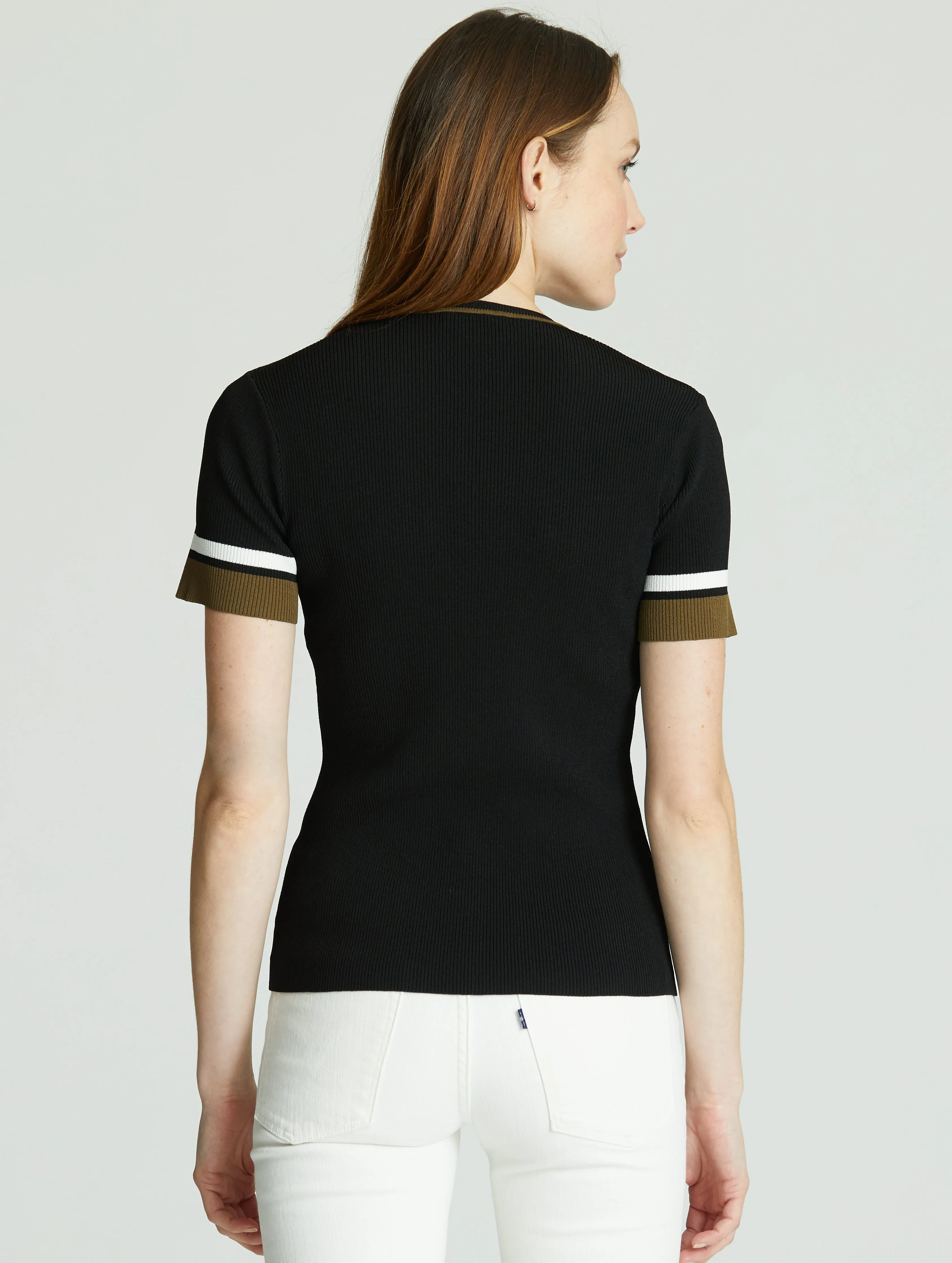 Short-Sleeve Rib-Knit Crew Sweater - Onyx Black