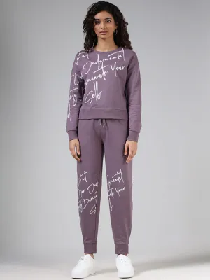 Studiofit Mauve Typographic Printed Cotton Joggers