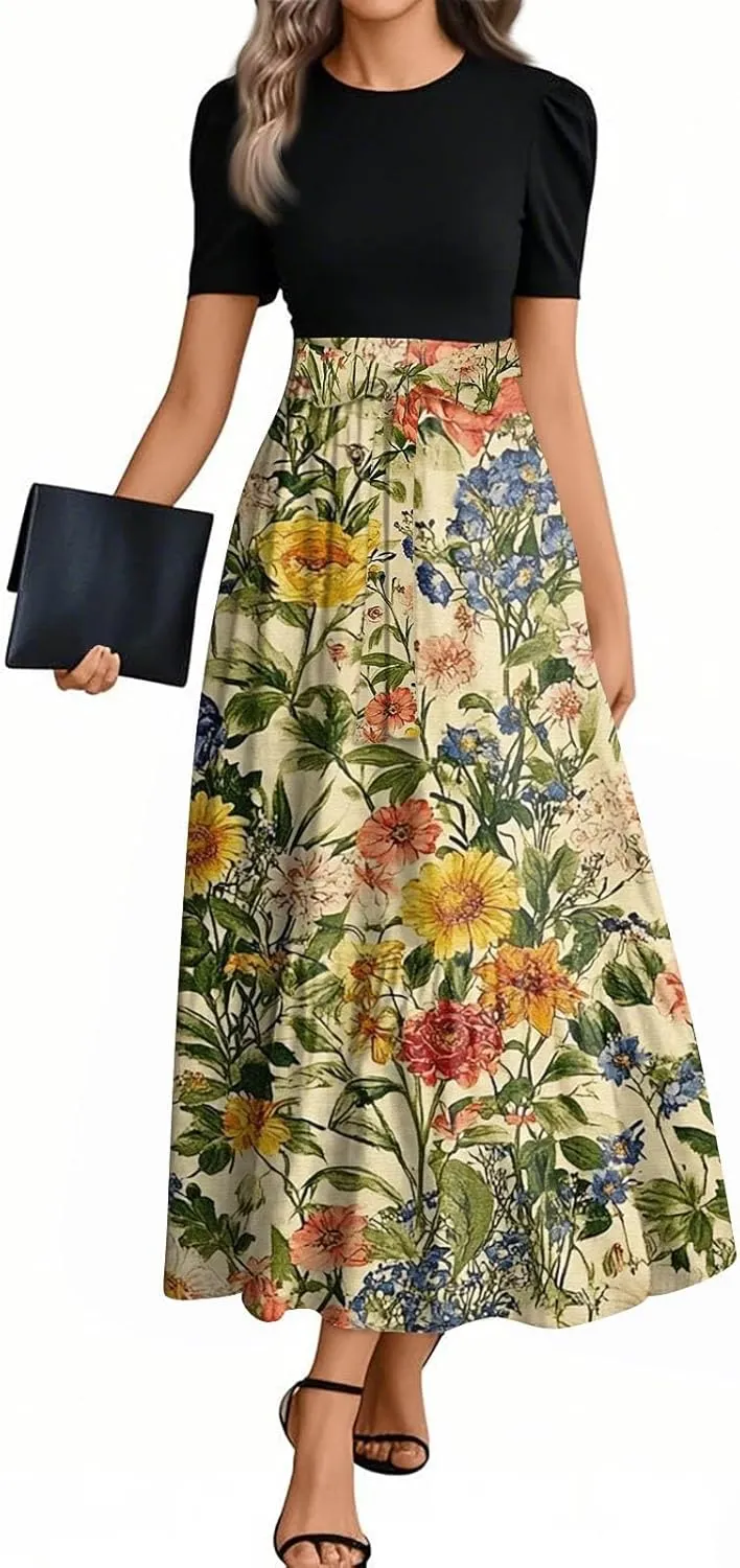 Summer Dresses for Women 2025 Maxi Puff Short Sleeve Casual Floral Dress with Belt Color Block Elegant Dresses