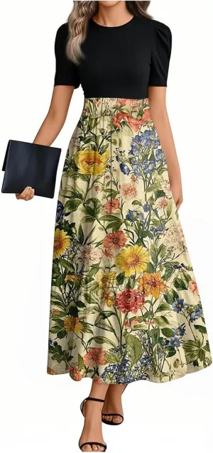 Summer Dresses for Women 2025 Maxi Puff Short Sleeve Casual Floral Dress with Belt Color Block Elegant Dresses