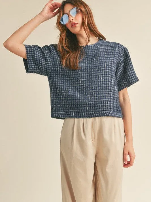 Timeless Fashion Boxy Boucle Top in Navy Blue