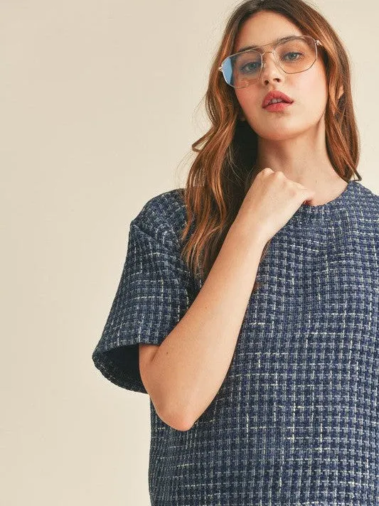 Timeless Fashion Boxy Boucle Top in Navy Blue