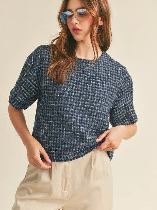 Timeless Fashion Boxy Boucle Top in Navy Blue