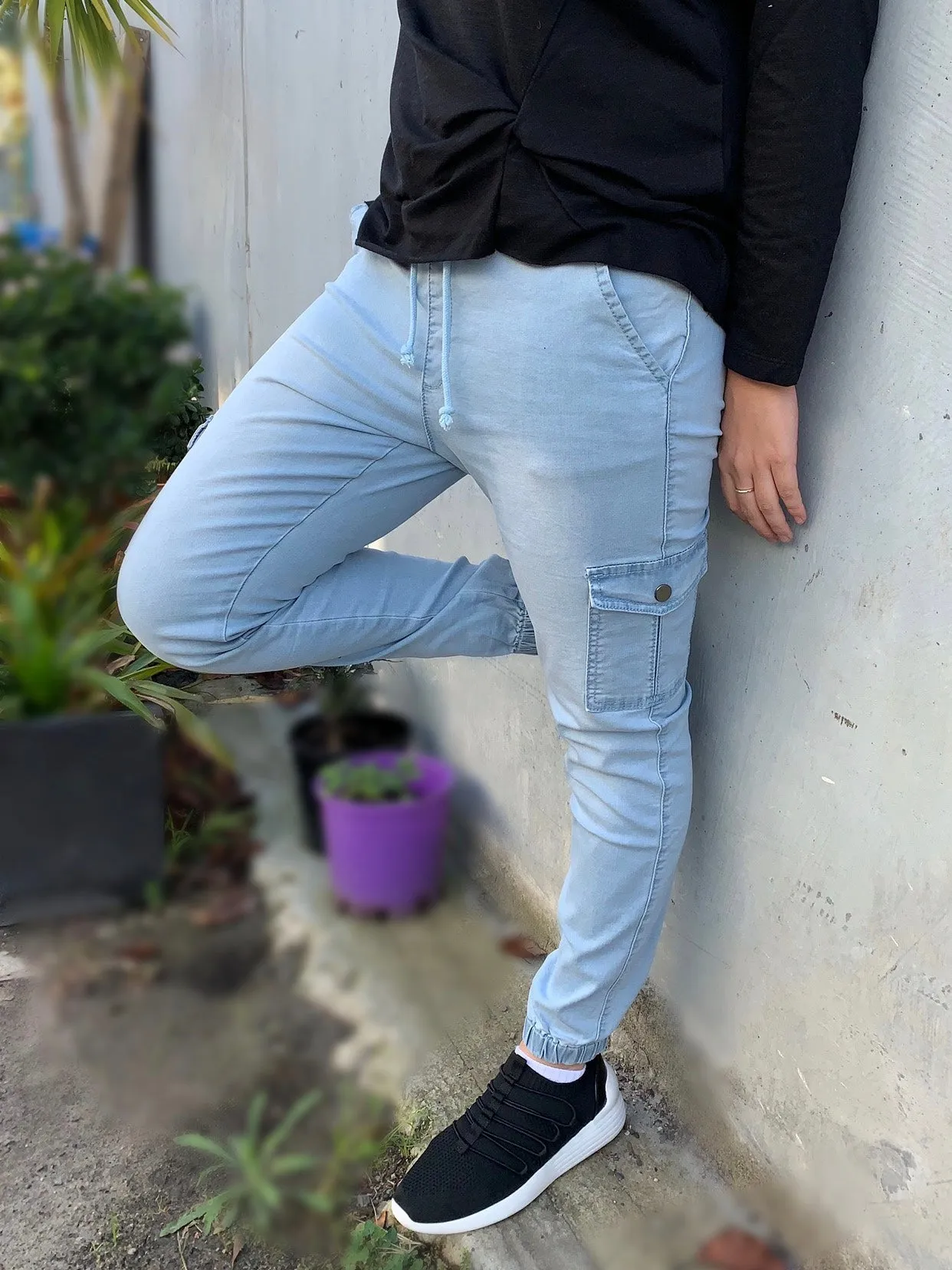 Wakee Denim : Jersey Joggers : Light Blue Chambray