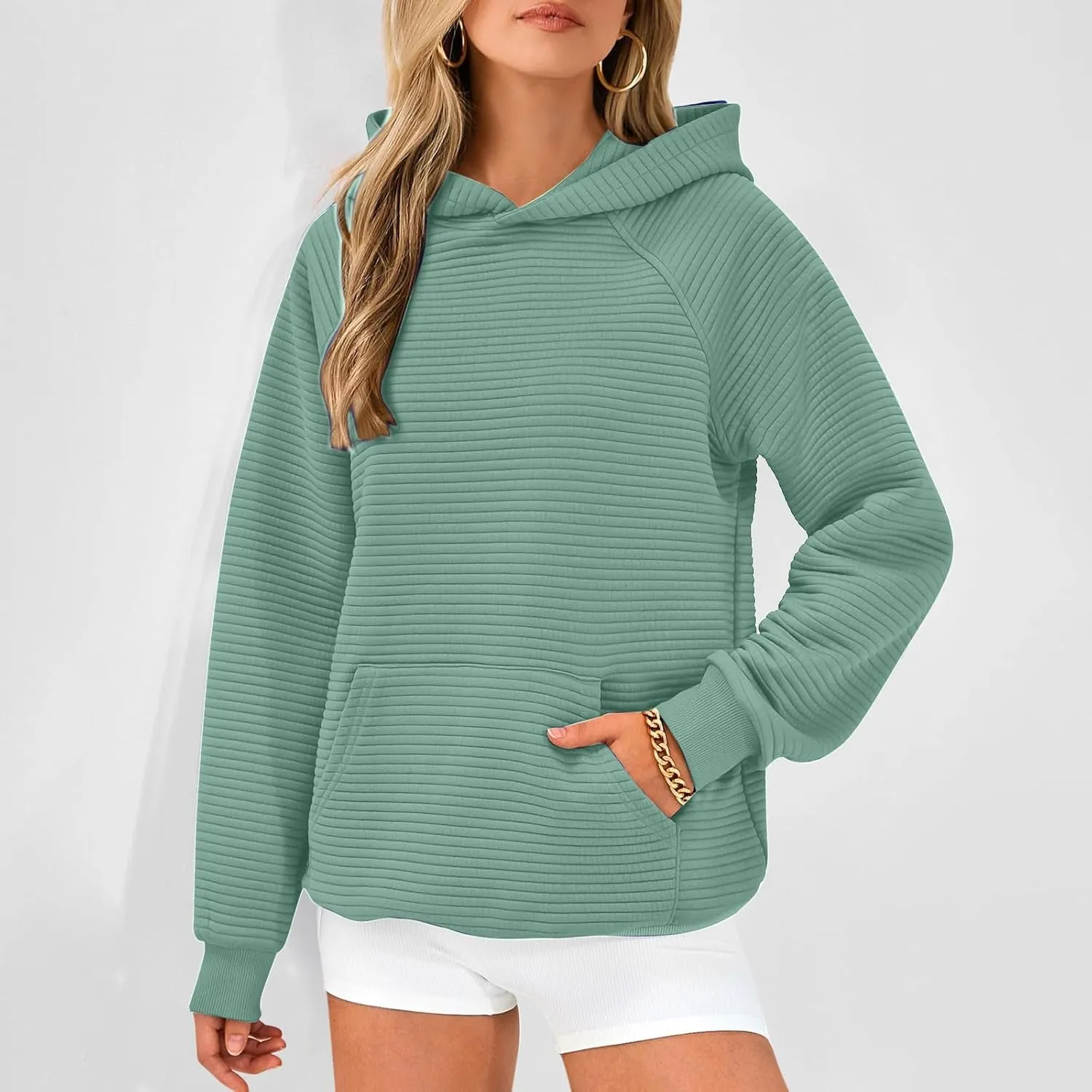Women Hoodies Casual Hooded Oversized Sweatshirts with Large Pocket Raglan Long Sleeve Loose Solid Pullover Tops