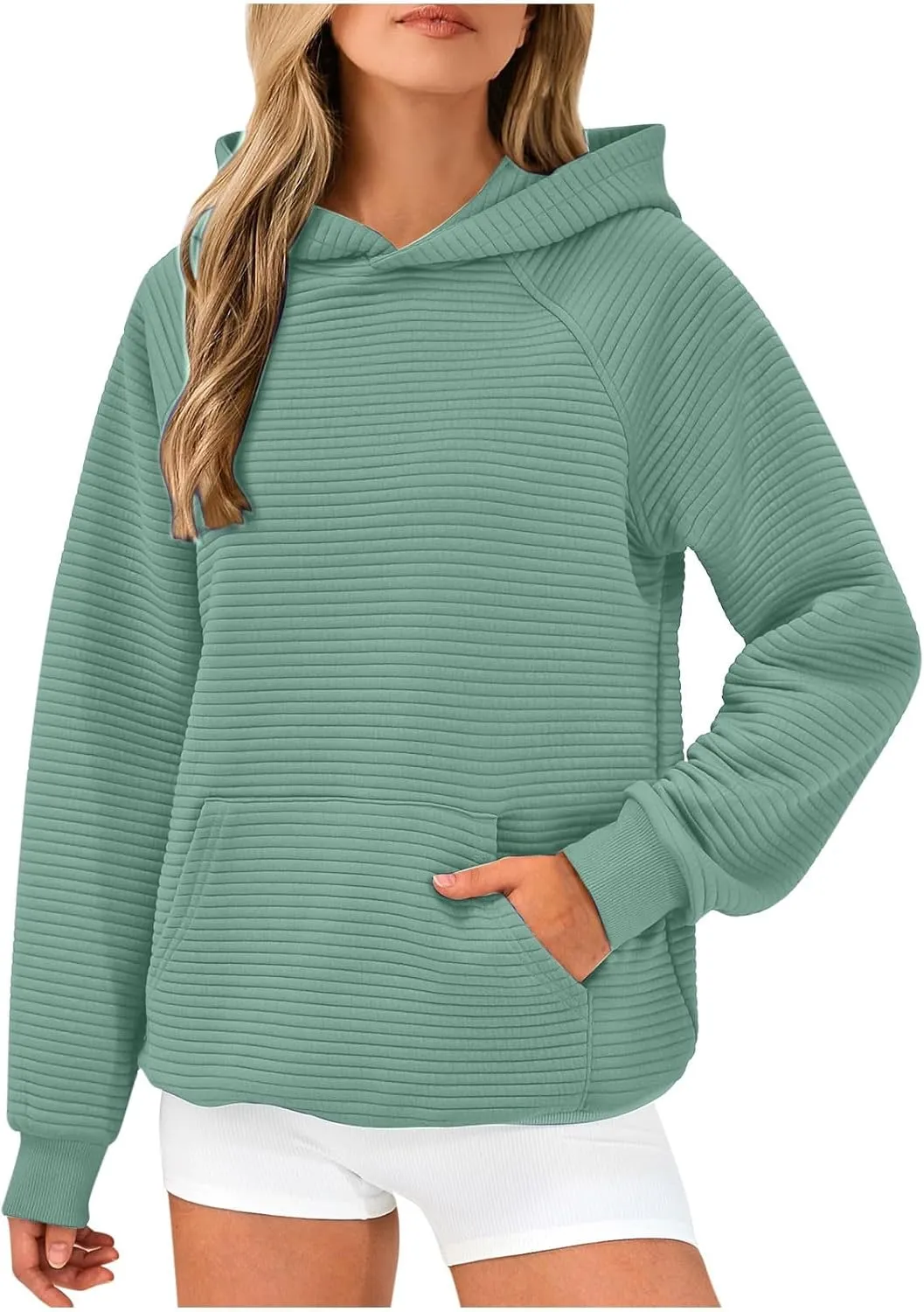 Women Hoodies Casual Hooded Oversized Sweatshirts with Large Pocket Raglan Long Sleeve Loose Solid Pullover Tops