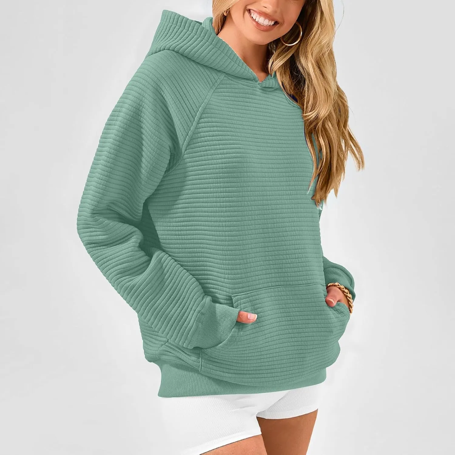 Women Hoodies Casual Hooded Oversized Sweatshirts with Large Pocket Raglan Long Sleeve Loose Solid Pullover Tops