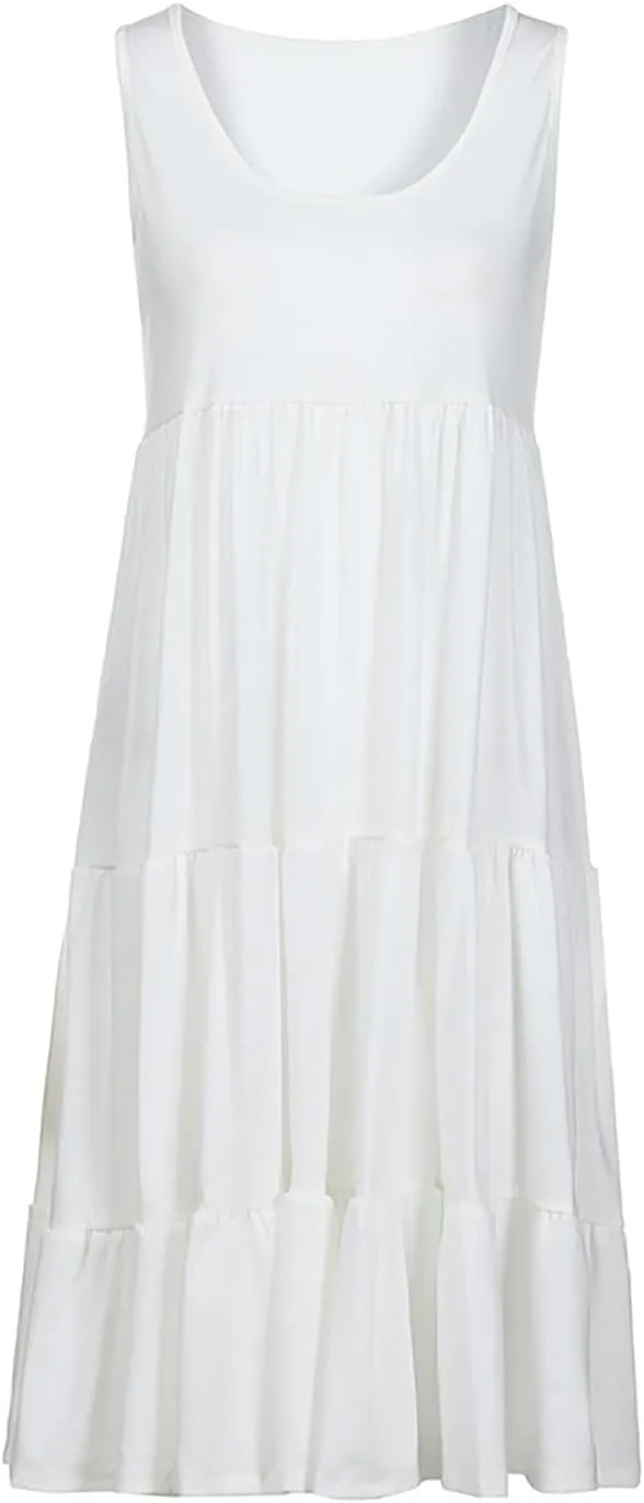 Women Summer Dresses 2025 Sleeveless Casual Loose Swing Midi Dress with Pockets Boho Beach Vacation Sundress