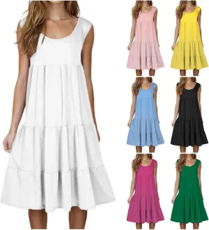 Women Summer Dresses 2025 Sleeveless Casual Loose Swing Midi Dress with Pockets Boho Beach Vacation Sundress