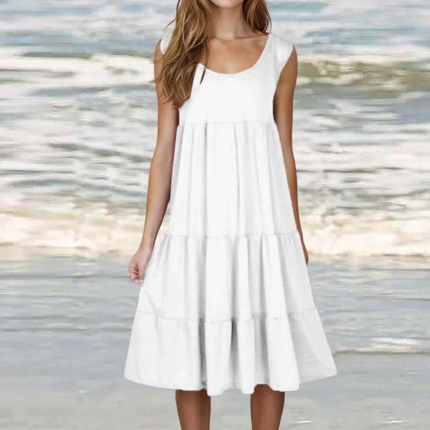 Women Summer Dresses 2025 Sleeveless Casual Loose Swing Midi Dress with Pockets Boho Beach Vacation Sundress