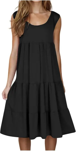 Women Summer Dresses 2025 Sleeveless Casual Loose Swing Midi Dress with Pockets Boho Beach Vacation Sundress