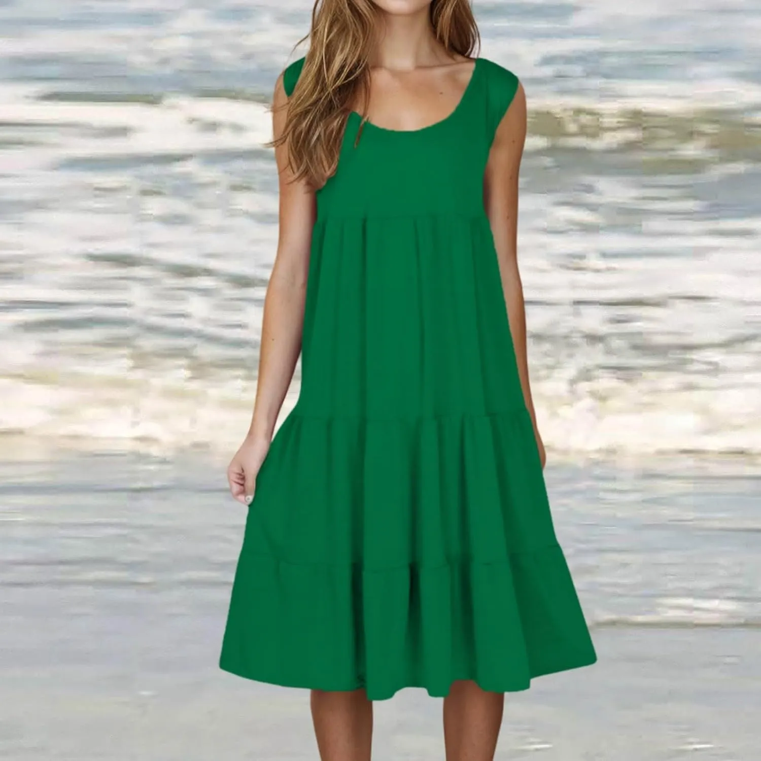 Women Summer Dresses 2025 Sleeveless Casual Loose Swing Midi Dress with Pockets Boho Beach Vacation Sundress