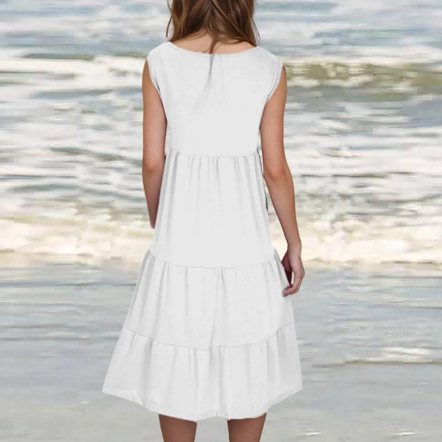 Women Summer Dresses 2025 Sleeveless Casual Loose Swing Midi Dress with Pockets Boho Beach Vacation Sundress
