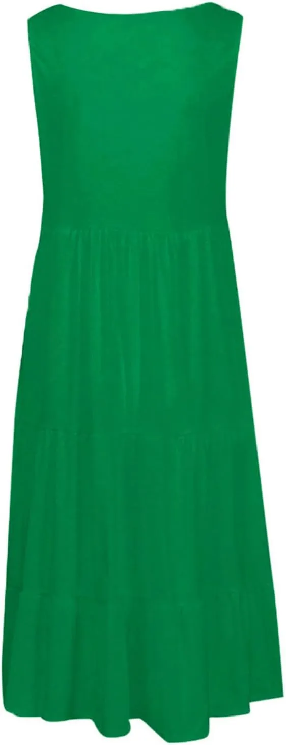 Women Summer Dresses 2025 Sleeveless Casual Loose Swing Midi Dress with Pockets Boho Beach Vacation Sundress