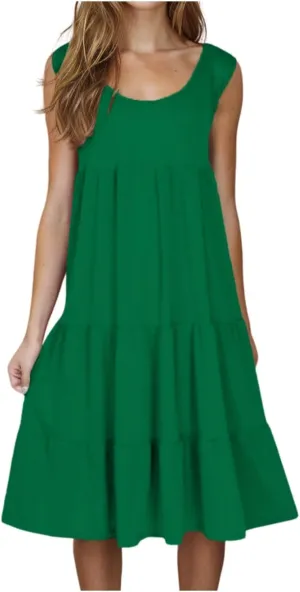 Women Summer Dresses 2025 Sleeveless Casual Loose Swing Midi Dress with Pockets Boho Beach Vacation Sundress