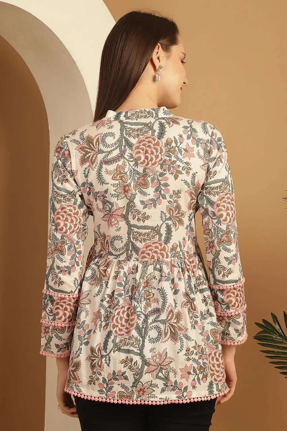 Women's Pure Cotton Floral Printed Short Top with Mandarin Neck
