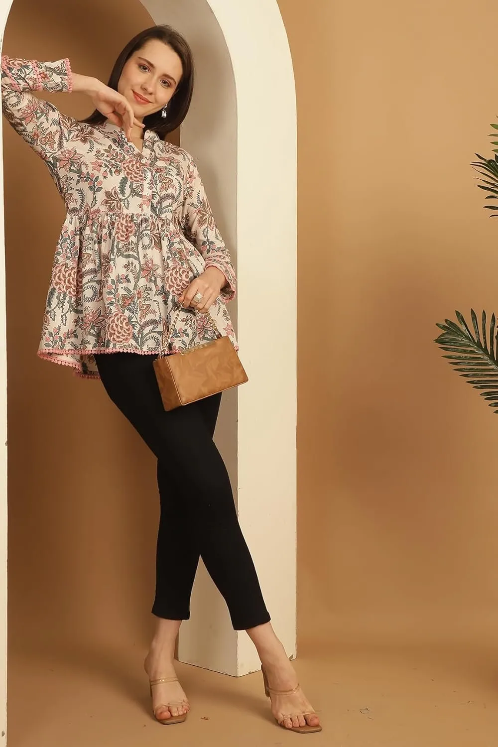 Women's Pure Cotton Floral Printed Short Top with Mandarin Neck