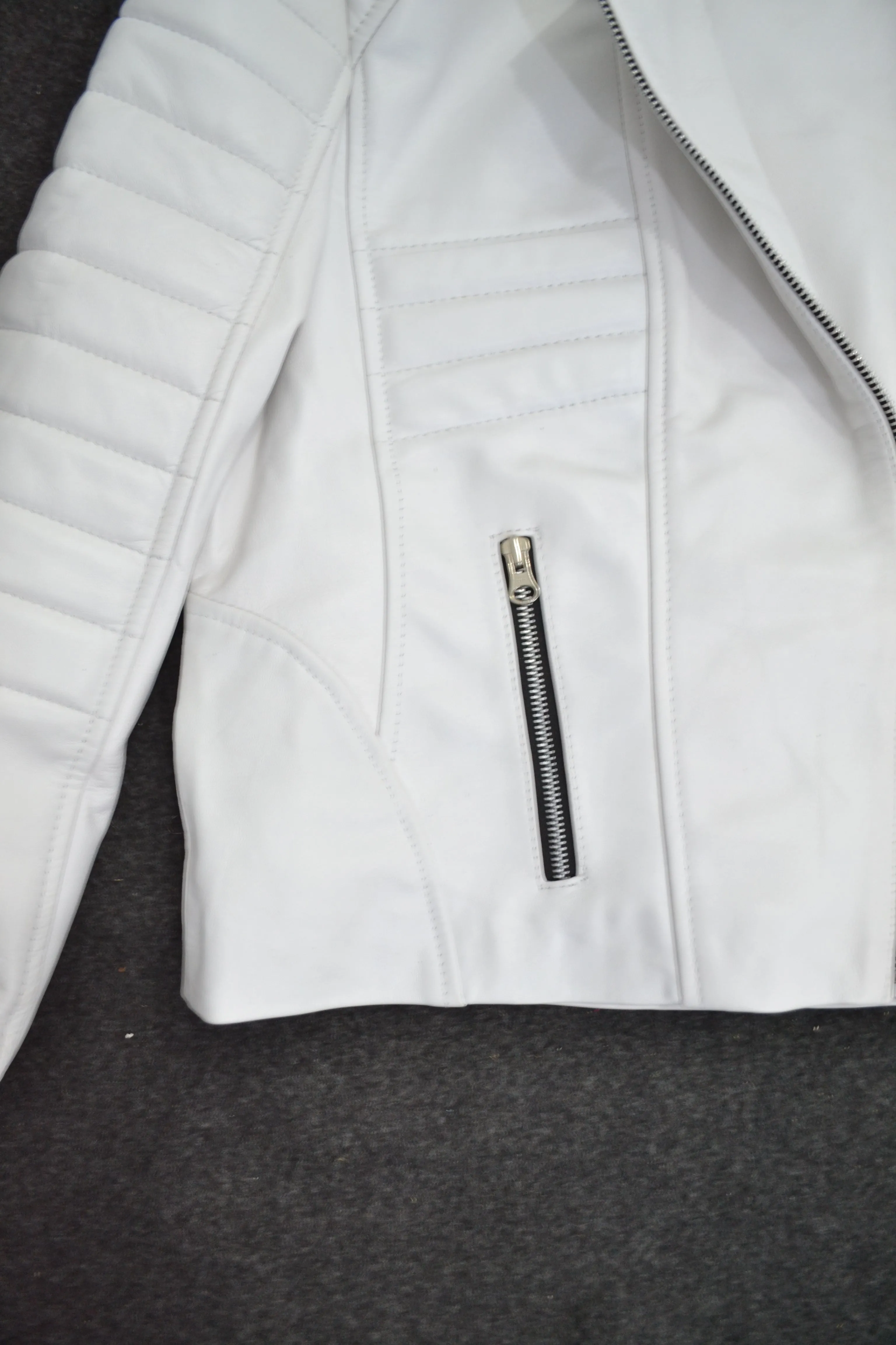 Women's White Padded Cafe Racer Genuine Leather Jacket