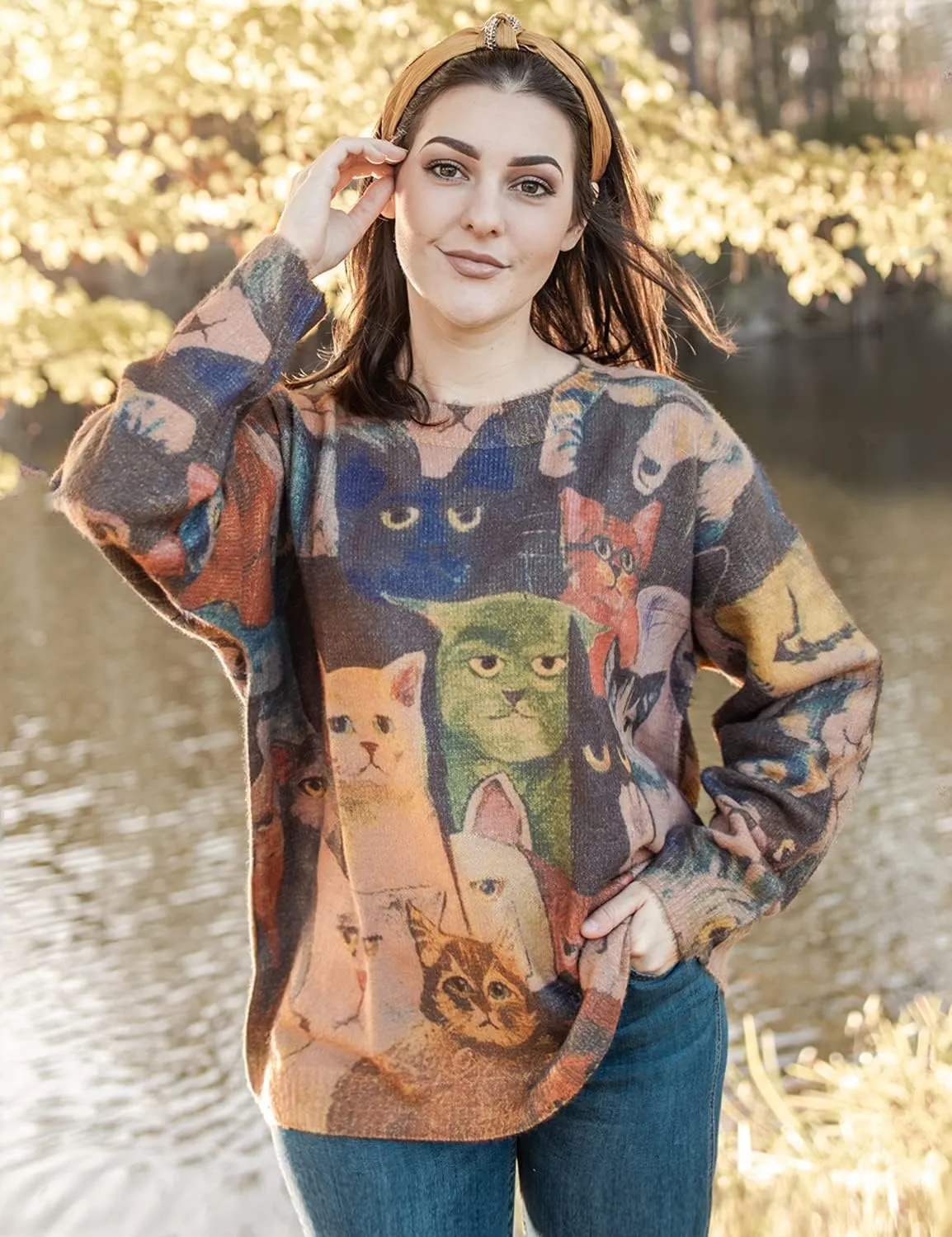 YESNO Women Christmas Sweater Graphic Printed Oversized Pullover Sweaters Casual Loose Knit Tops S01