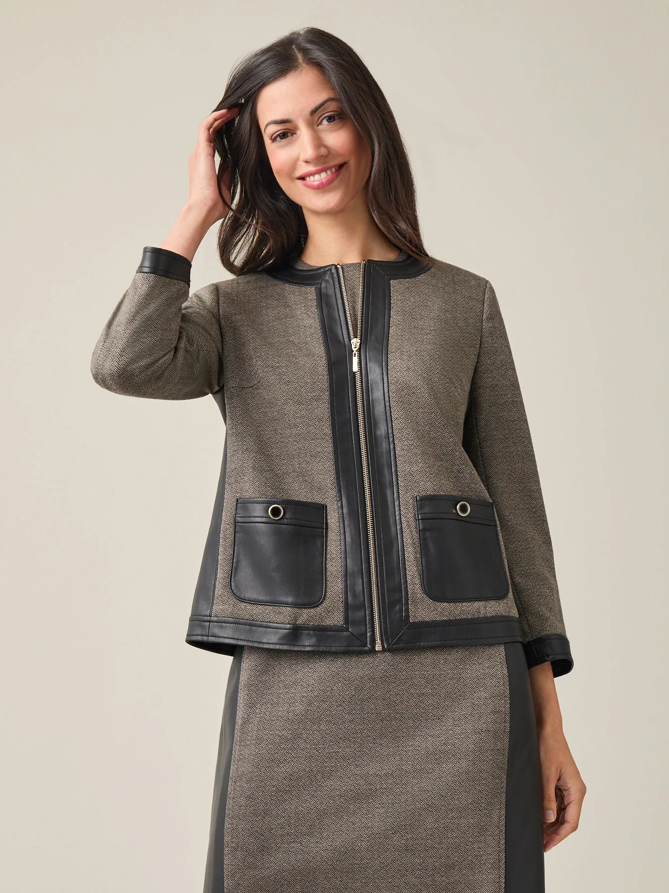 Zip-Up Framed Jacket, Faux Leather
