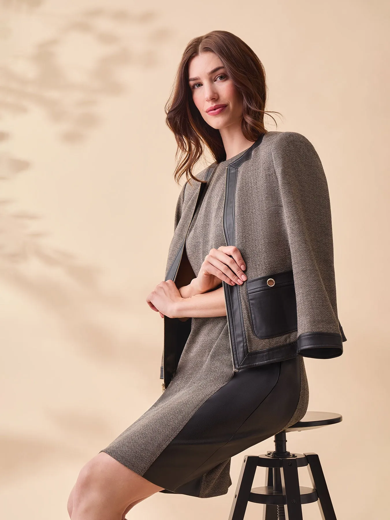 Zip-Up Framed Jacket, Faux Leather